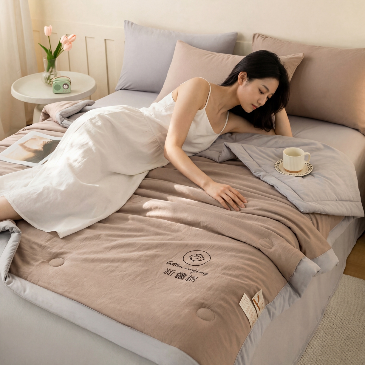 91家纺网 家纺一手货源 找家纺 几禾 2026春夏新款纯色水洗棉双拼夏被新疆棉花被夏凉被空调被被子被芯 双拼-卡其灰