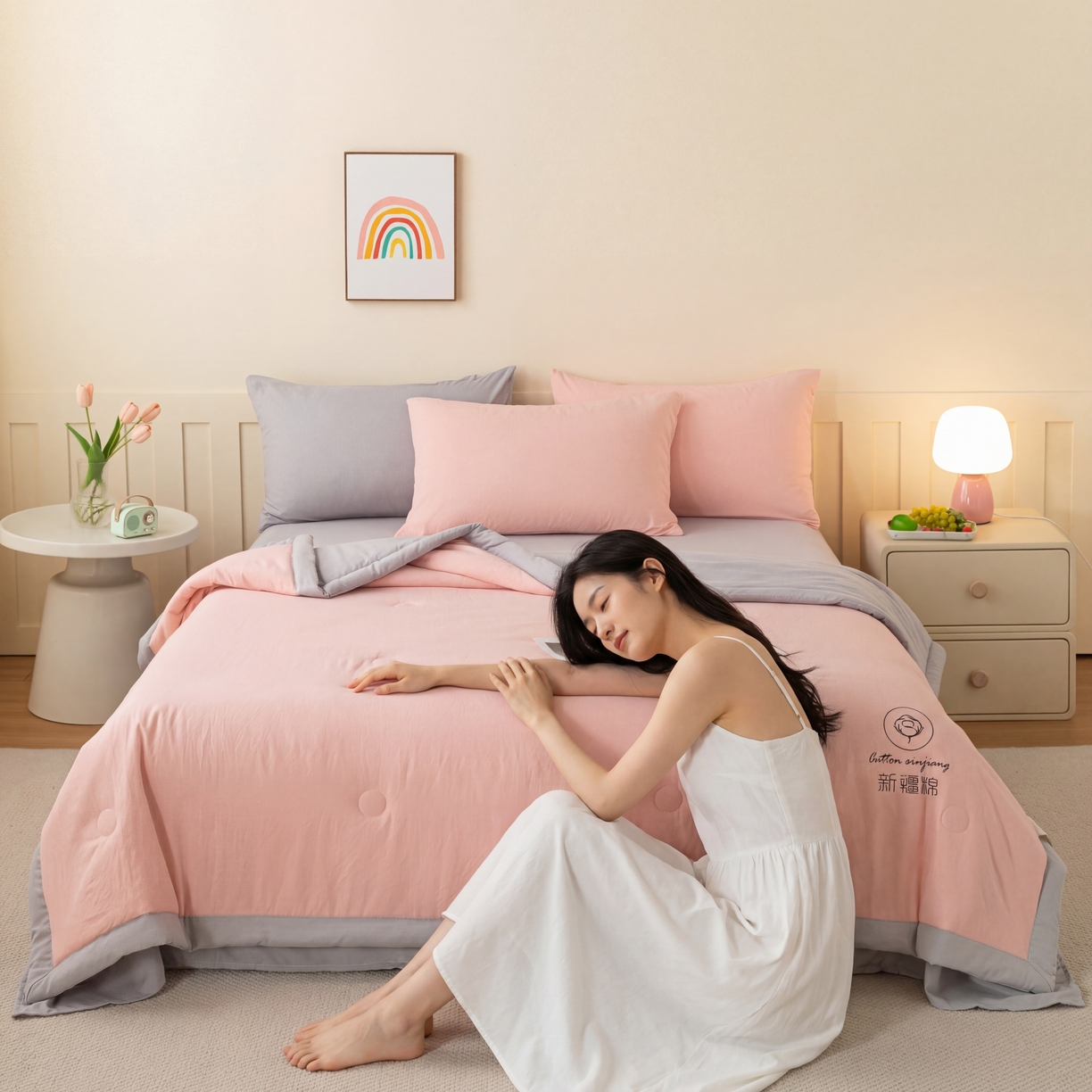 91家纺网 家纺一手货源 找家纺 几禾 2026春夏新款纯色水洗棉双拼夏被新疆棉花被夏凉被空调被被子被芯 双拼-粉灰