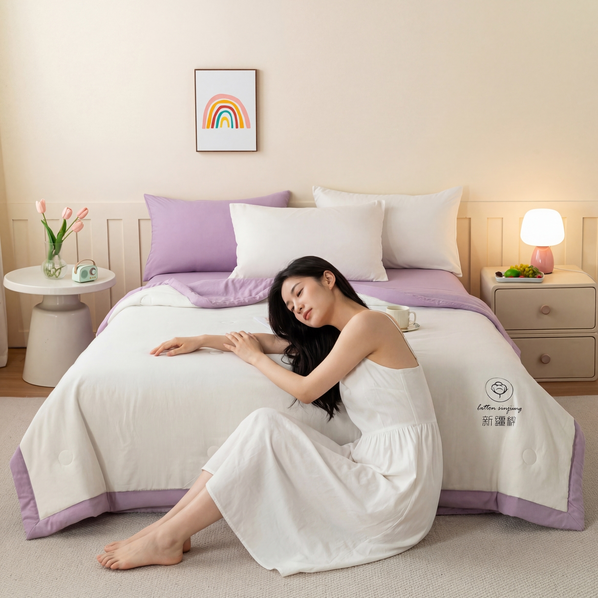 91家纺网 家纺一手货源 找家纺 几禾 2026春夏新款纯色水洗棉双拼夏被新疆棉花被夏凉被空调被被子被芯 双拼-白紫
