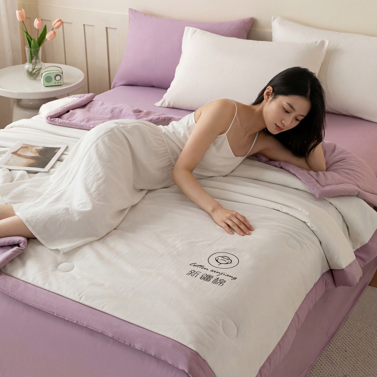 91家纺网 家纺一手货源 找家纺 几禾 2026春夏新款纯色水洗棉双拼夏被新疆棉花被夏凉被空调被被子被芯 双拼-白紫