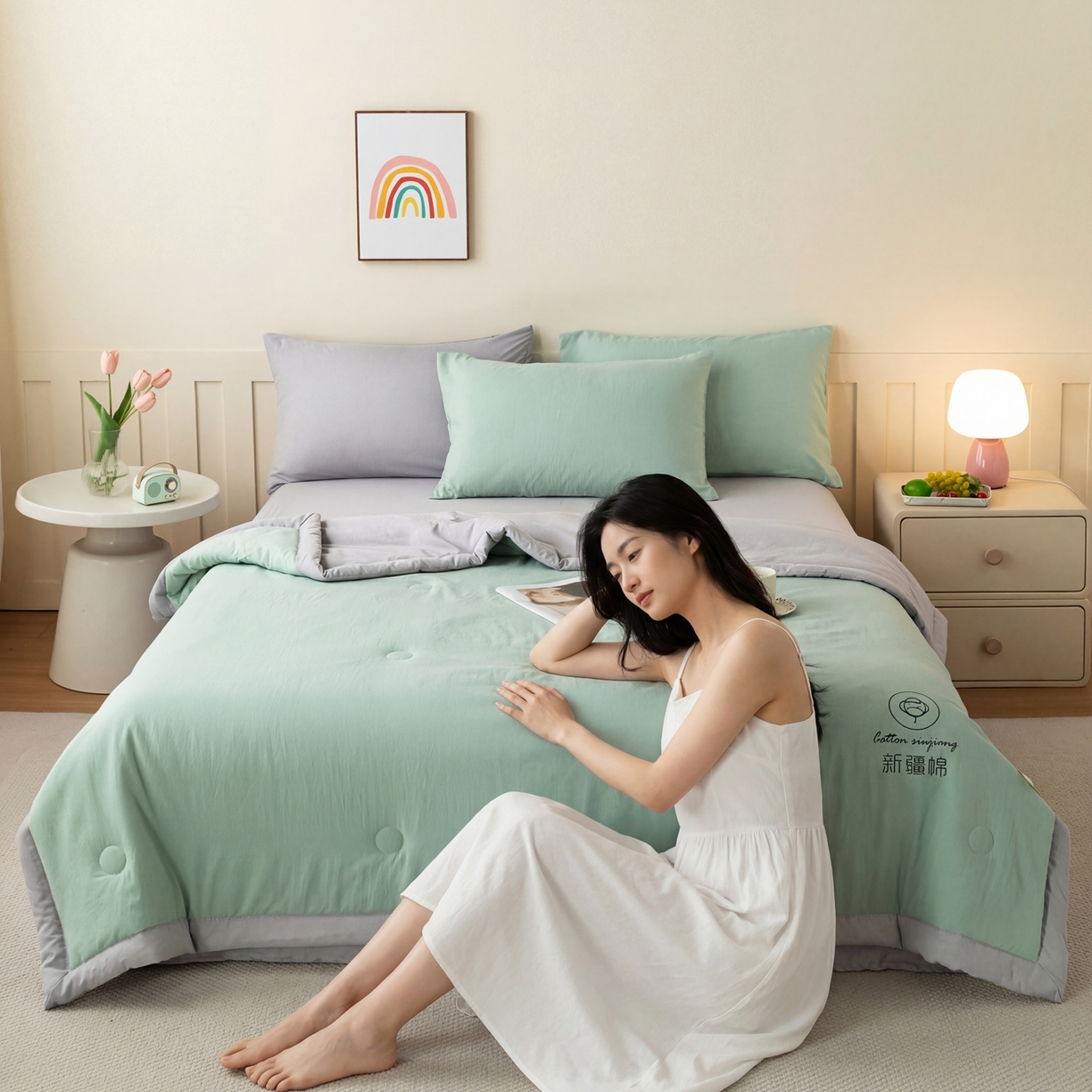 91家纺网 家纺一手货源 找家纺 几禾 2026春夏新款纯色水洗棉双拼夏被新疆棉花被夏凉被空调被被子被芯 双拼-绿灰