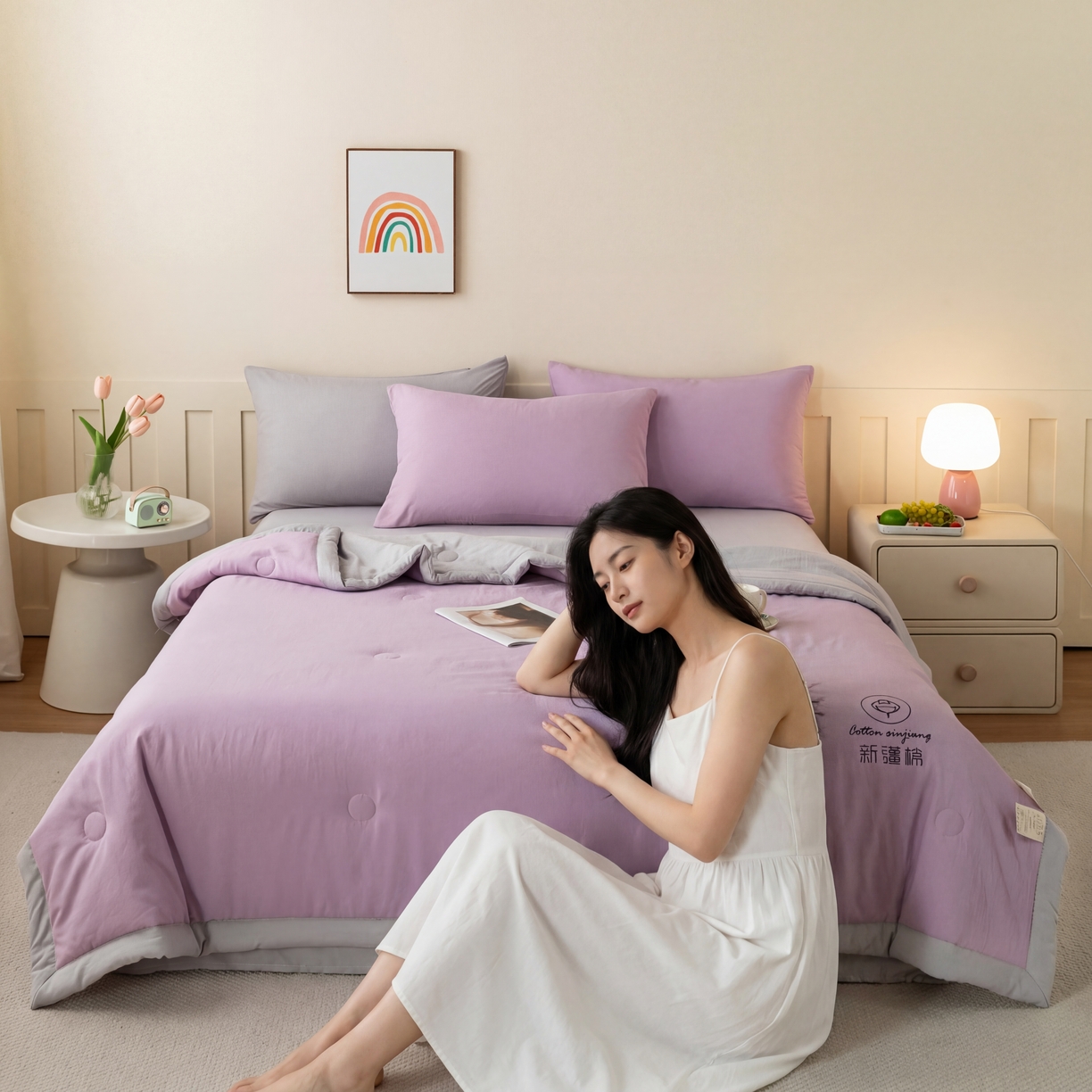 91家纺网 家纺一手货源 找家纺 几禾 2026春夏新款纯色水洗棉双拼夏被新疆棉花被夏凉被空调被被子被芯 双拼-紫灰