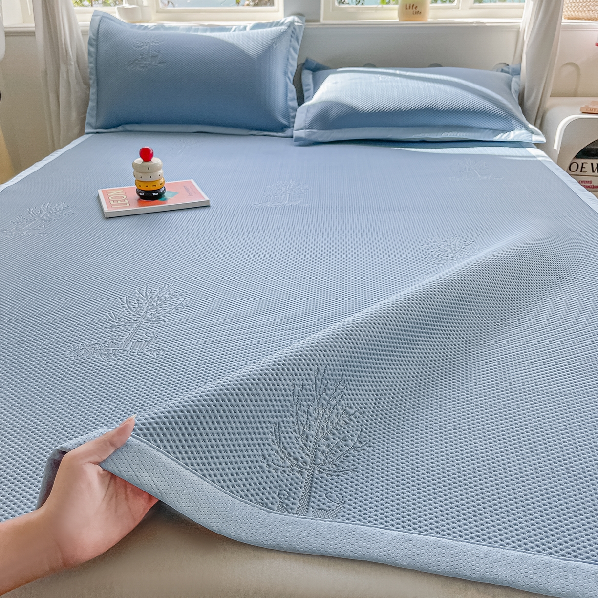梓之赫  2026新款凉感冰豆豆凉席平铺款复合三明治三件套-一鹿相随 一鹿相随-蓝