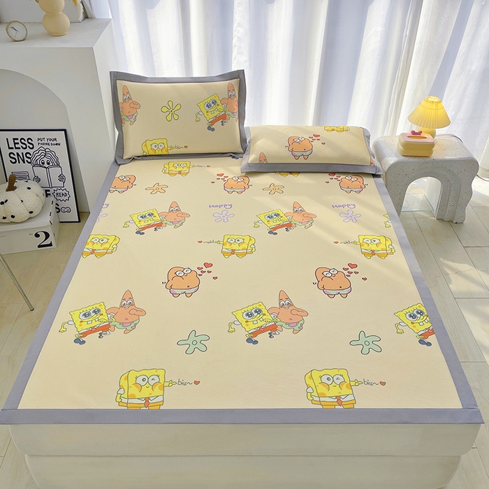 91家纺网 家纺一手货源 找家纺 云恋家纺 2026正版授权小版冰丝席卡通凉席三件套可折叠水洗软席子儿童单双人凉感空调席子 小版-嘟嘟海绵宝宝