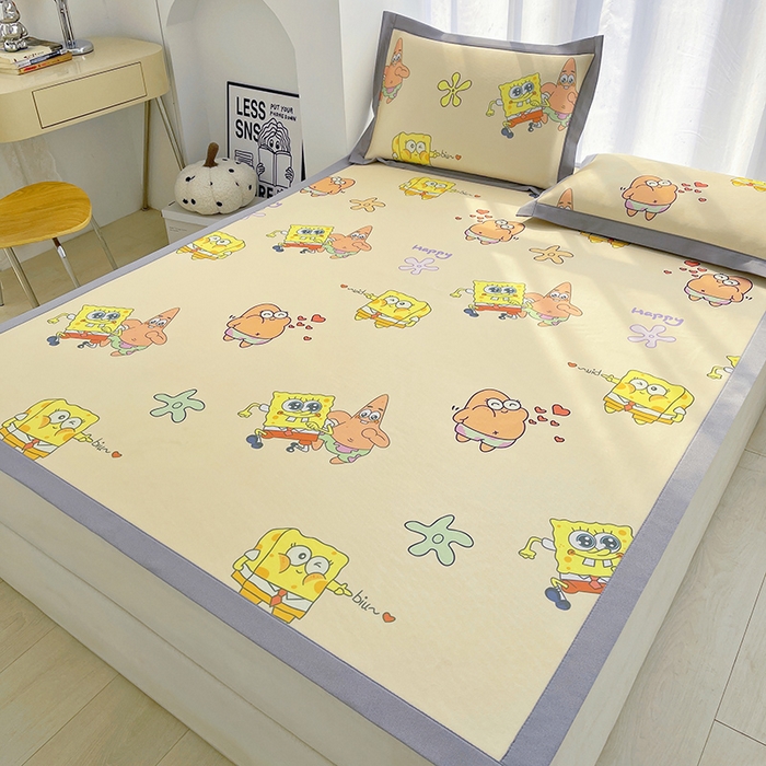 91家纺网 家纺一手货源 找家纺 云恋家纺 2026正版授权小版冰丝席卡通凉席三件套可折叠水洗软席子儿童单双人凉感空调席子 小版-嘟嘟海绵宝宝