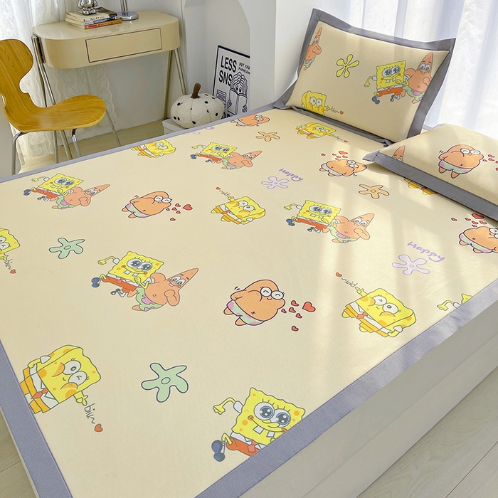 91家纺网 家纺一手货源 找家纺 云恋家纺 2026正版授权小版冰丝席卡通凉席三件套可折叠水洗软席子儿童单双人凉感空调席子 小版-嘟嘟海绵宝宝