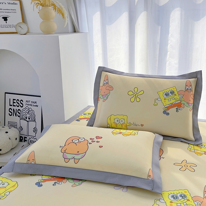 91家纺网 家纺一手货源 找家纺 云恋家纺 2026正版授权小版冰丝席卡通凉席三件套可折叠水洗软席子儿童单双人凉感空调席子 小版-嘟嘟海绵宝宝