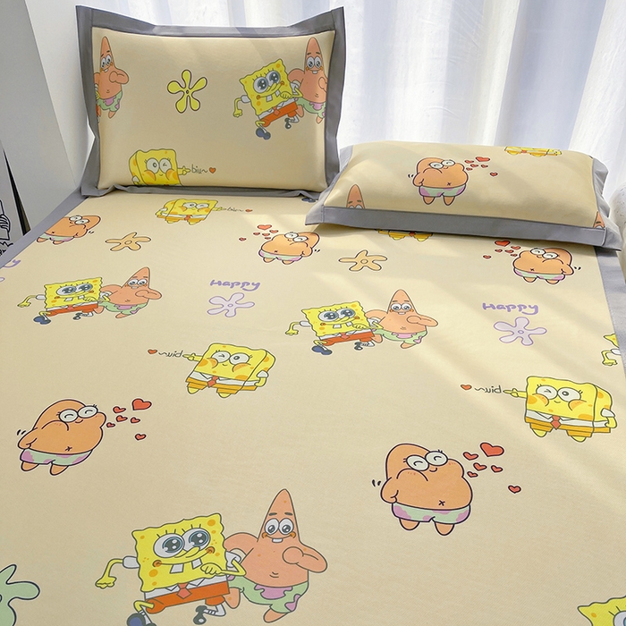 91家纺网 家纺一手货源 找家纺 云恋家纺 2026正版授权小版冰丝席卡通凉席三件套可折叠水洗软席子儿童单双人凉感空调席子 小版-嘟嘟海绵宝宝