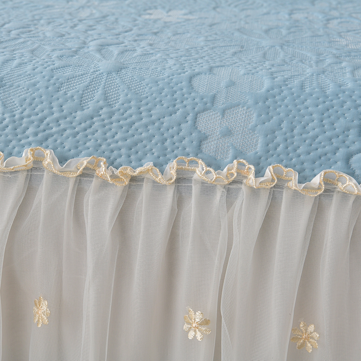 91家纺网 家纺一手货源 找家纺 畅畅家纺 2026新款花边3D立体冰豆豆冰丝凉席床裙款三件套 漫舞-蓝