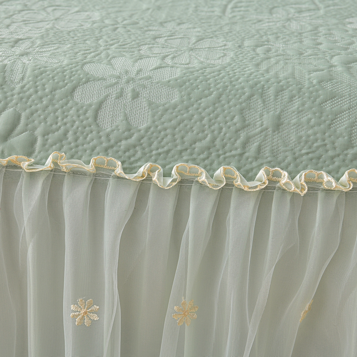 91家纺网 家纺一手货源 找家纺 畅畅家纺 2026新款花边3D立体冰豆豆冰丝凉席床裙款三件套 漫舞-绿