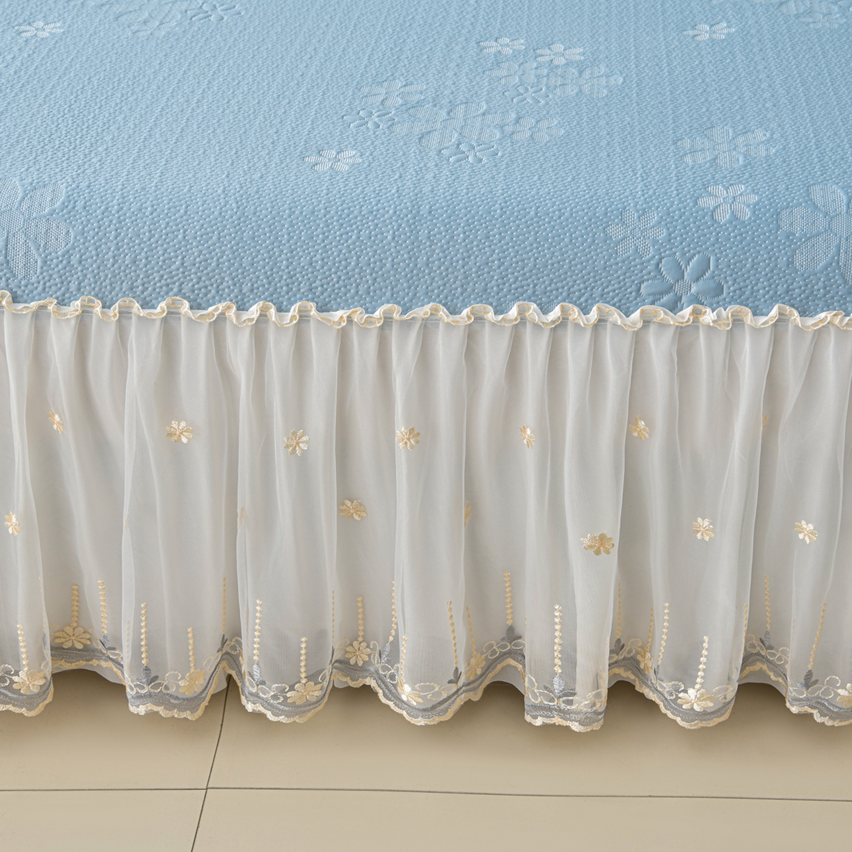 91家纺网 家纺一手货源 找家纺 畅畅家纺 2026新款花边3D立体冰豆豆冰丝凉席床裙款三件套 幸运花朵-蓝