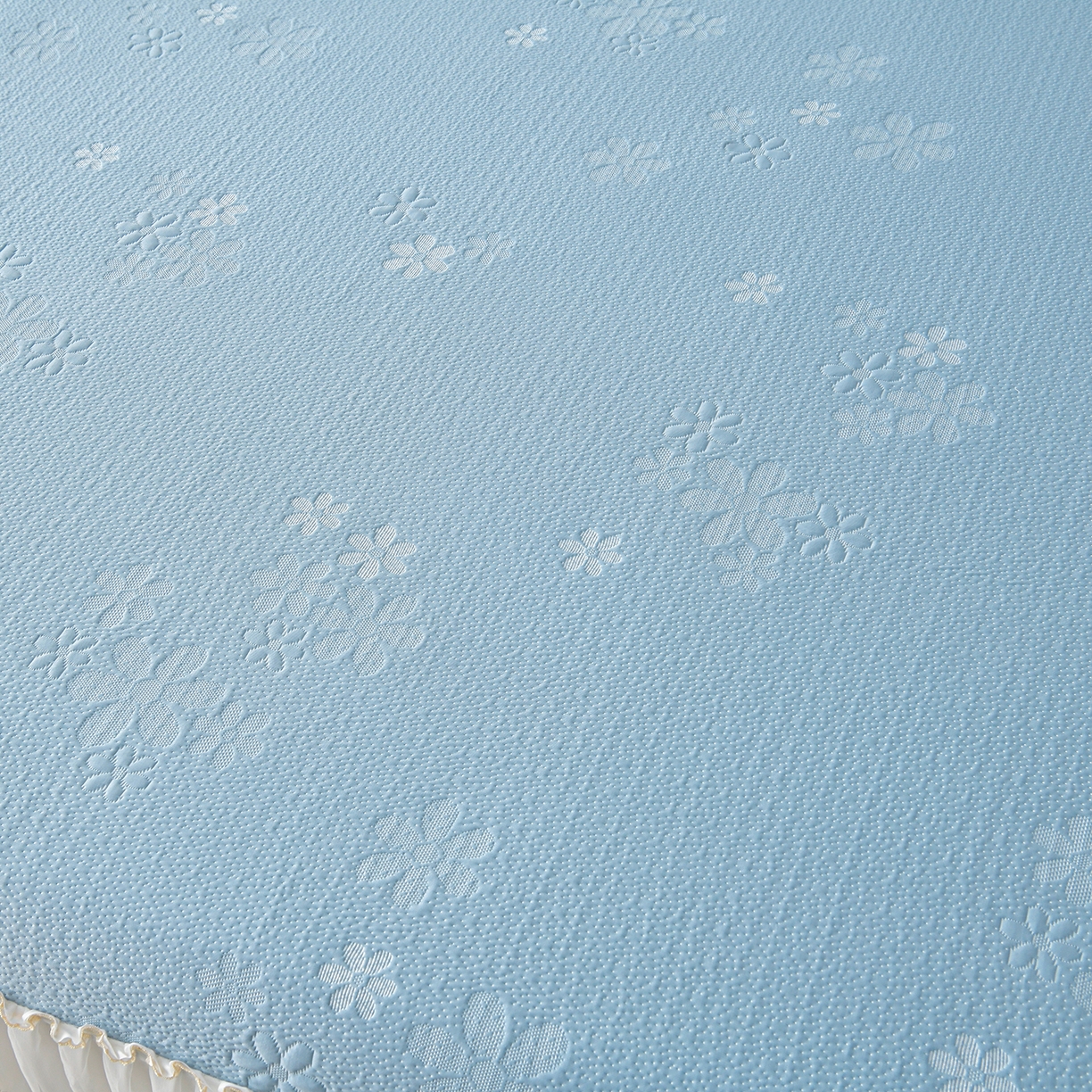 91家纺网 家纺一手货源 找家纺 畅畅家纺 2026新款花边3D立体冰豆豆冰丝凉席床裙款三件套 幸运花朵-蓝