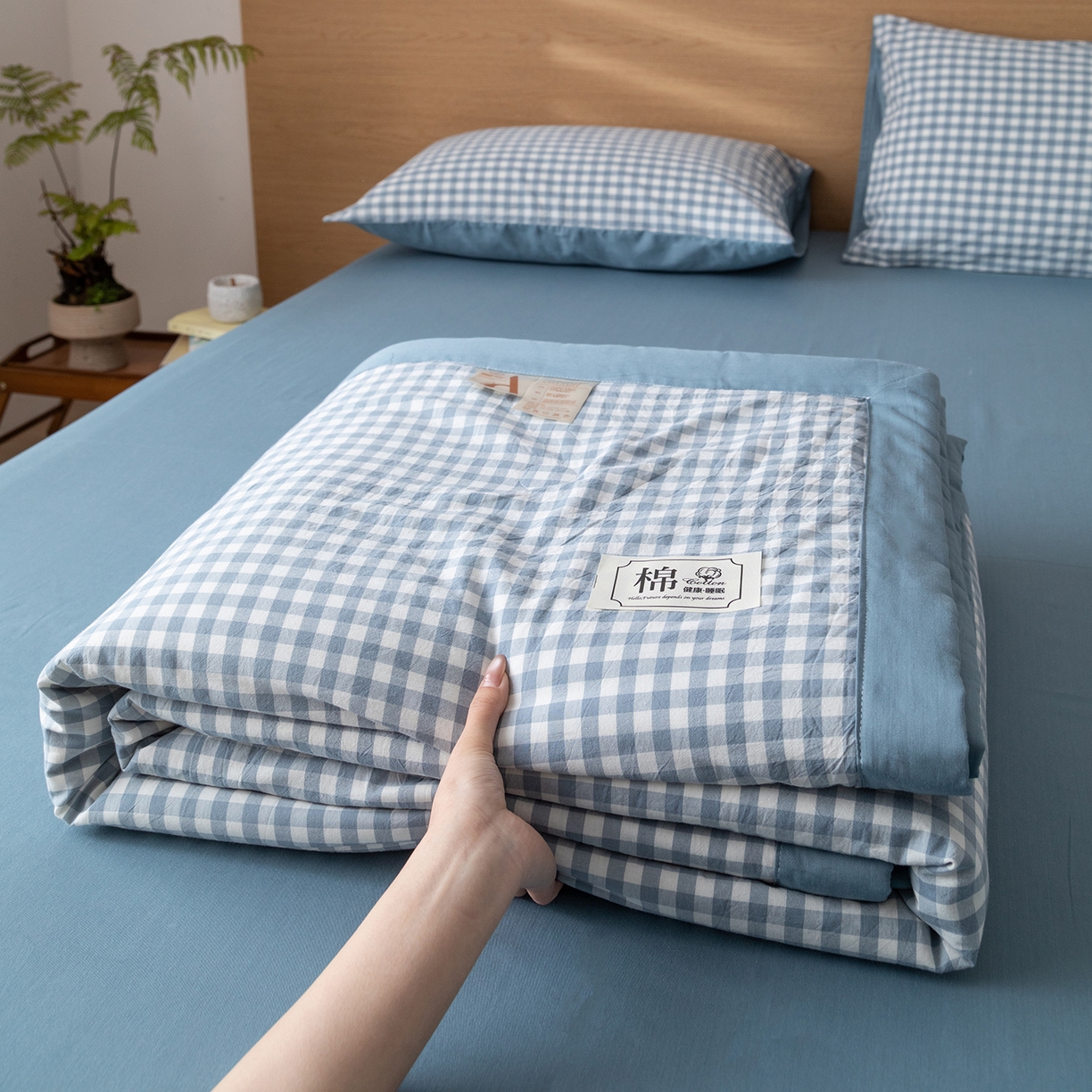91家纺网 家纺一手货源 找家纺 几禾 2026春夏新款色织水洗棉棉花夏被夏凉被空调被 蓝小格