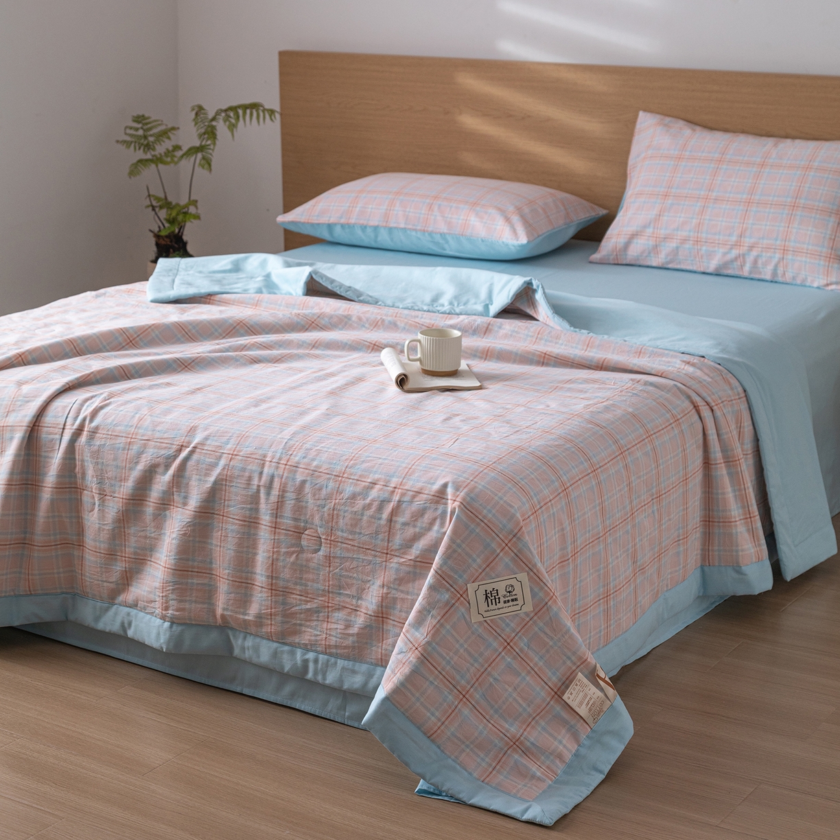 91家纺网 家纺一手货源 找家纺 几禾 2026春夏新款色织水洗棉棉花夏被夏凉被空调被 中格粉