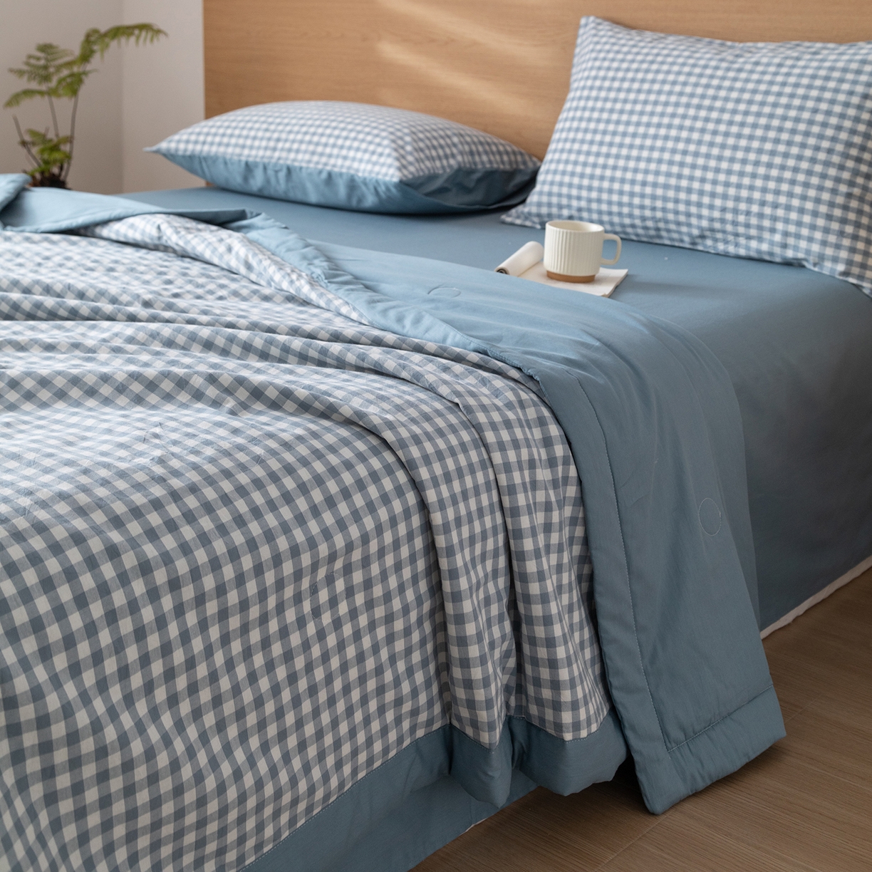 91家纺网 家纺一手货源 找家纺 几禾 2026春夏新款色织水洗棉棉花夏被夏凉被空调被 蓝小格