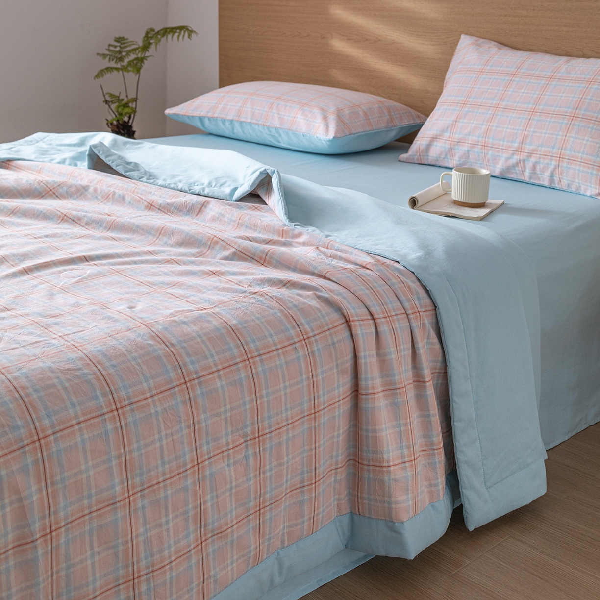 91家纺网 家纺一手货源 找家纺 几禾 2026春夏新款色织水洗棉棉花夏被夏凉被空调被 中格粉