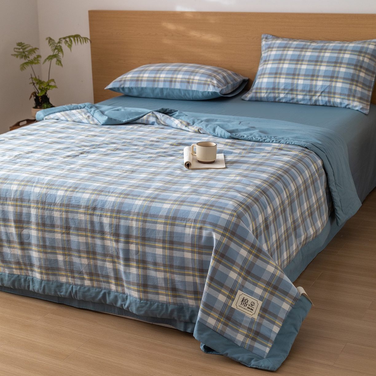 91家纺网 家纺一手货源 找家纺 几禾 2026春夏新款色织水洗棉棉花夏被夏凉被空调被 简夕蓝