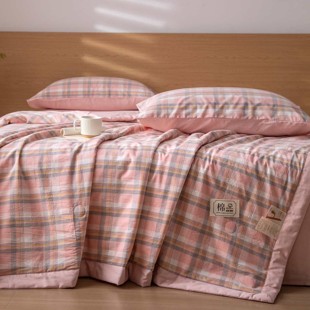 91家纺网 家纺一手货源 找家纺 几禾 2026春夏新款色织水洗棉棉花夏被夏凉被空调被 简夕粉