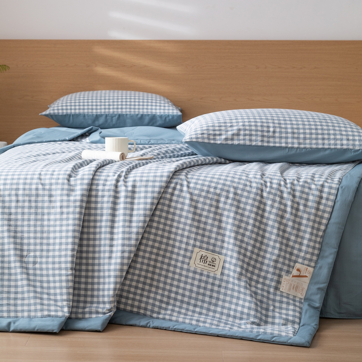 91家纺网 家纺一手货源 找家纺 几禾 2026春夏新款色织水洗棉棉花夏被夏凉被空调被 蓝小格