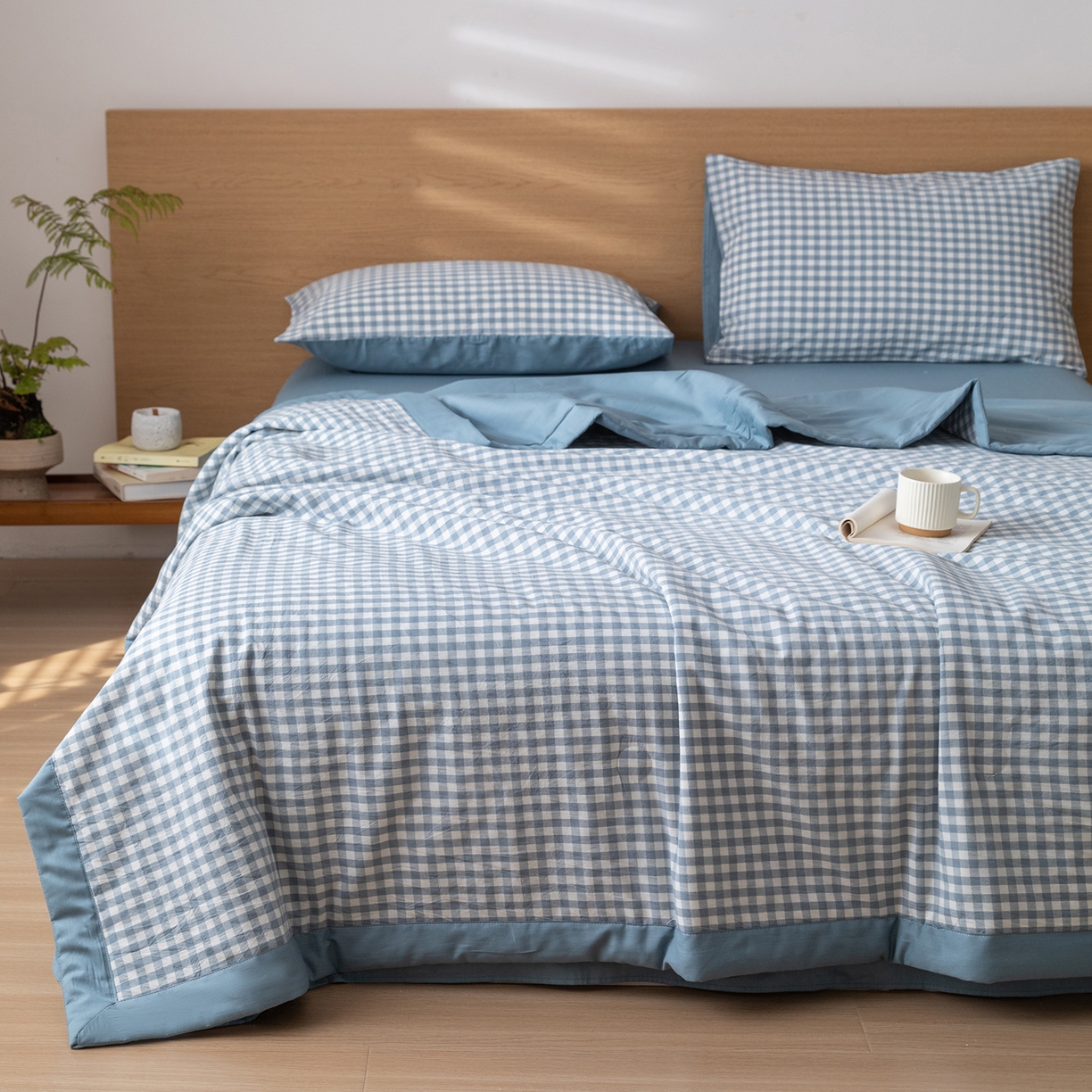 91家纺网 家纺一手货源 找家纺 几禾 2026春夏新款色织水洗棉棉花夏被夏凉被空调被 蓝小格