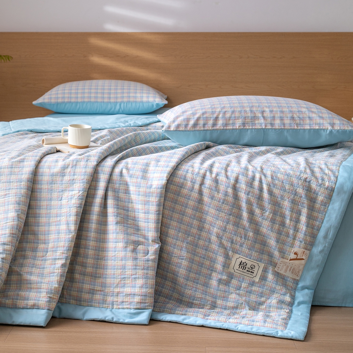 91家纺网 家纺一手货源 找家纺 几禾 2026春夏新款色织水洗棉棉花夏被夏凉被空调被 密格蓝