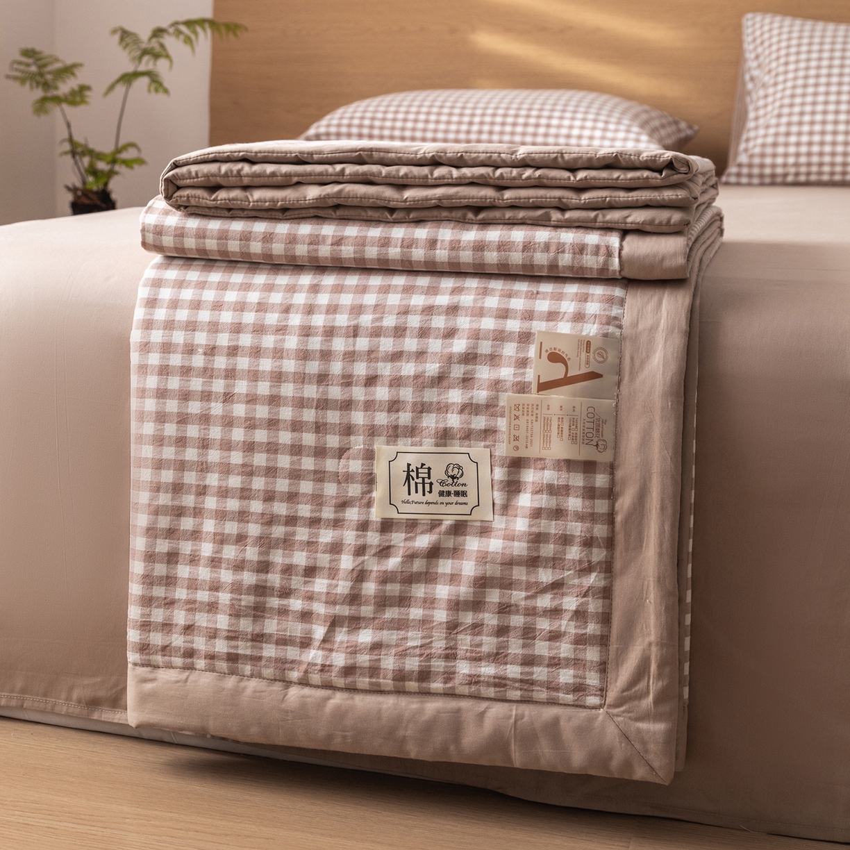 91家纺网 家纺一手货源 找家纺 几禾 2026春夏新款色织水洗棉棉花夏被夏凉被空调被 咖小格