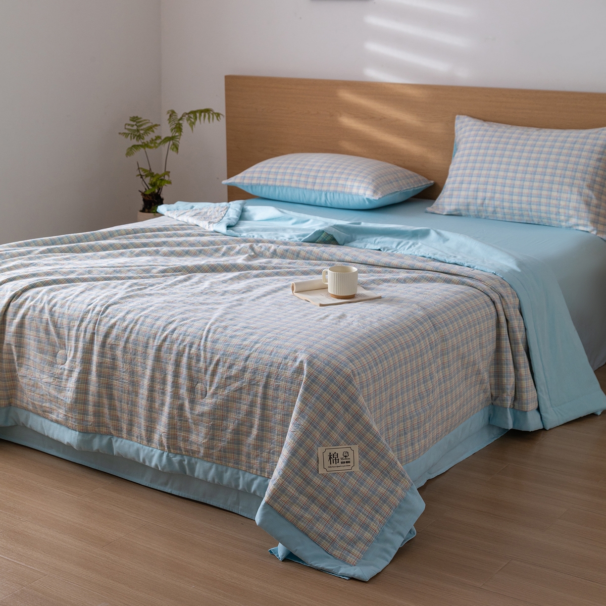 91家纺网 家纺一手货源 找家纺 几禾 2026春夏新款色织水洗棉棉花夏被夏凉被空调被 密格蓝