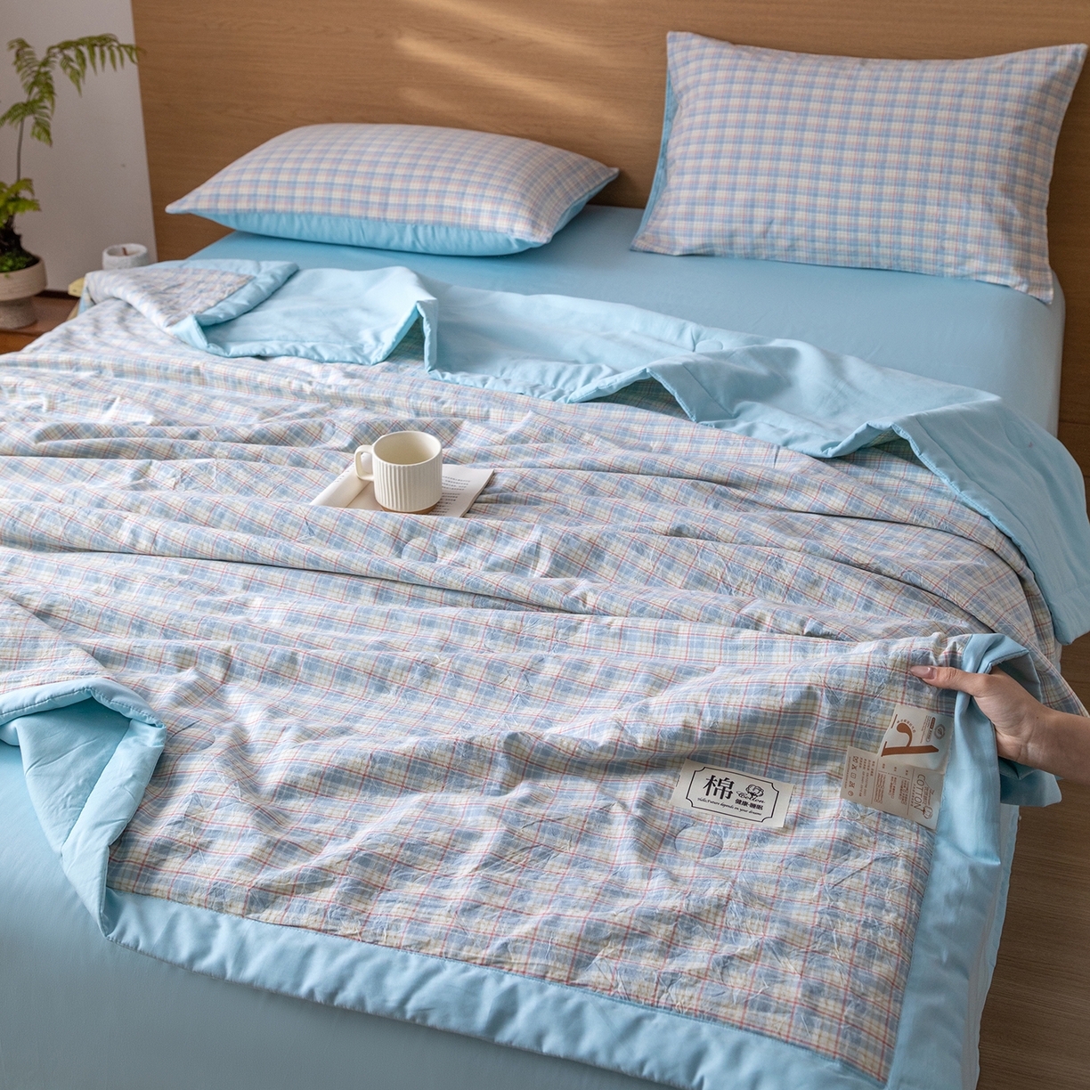 91家纺网 家纺一手货源 找家纺 几禾 2026春夏新款色织水洗棉棉花夏被夏凉被空调被 密格蓝