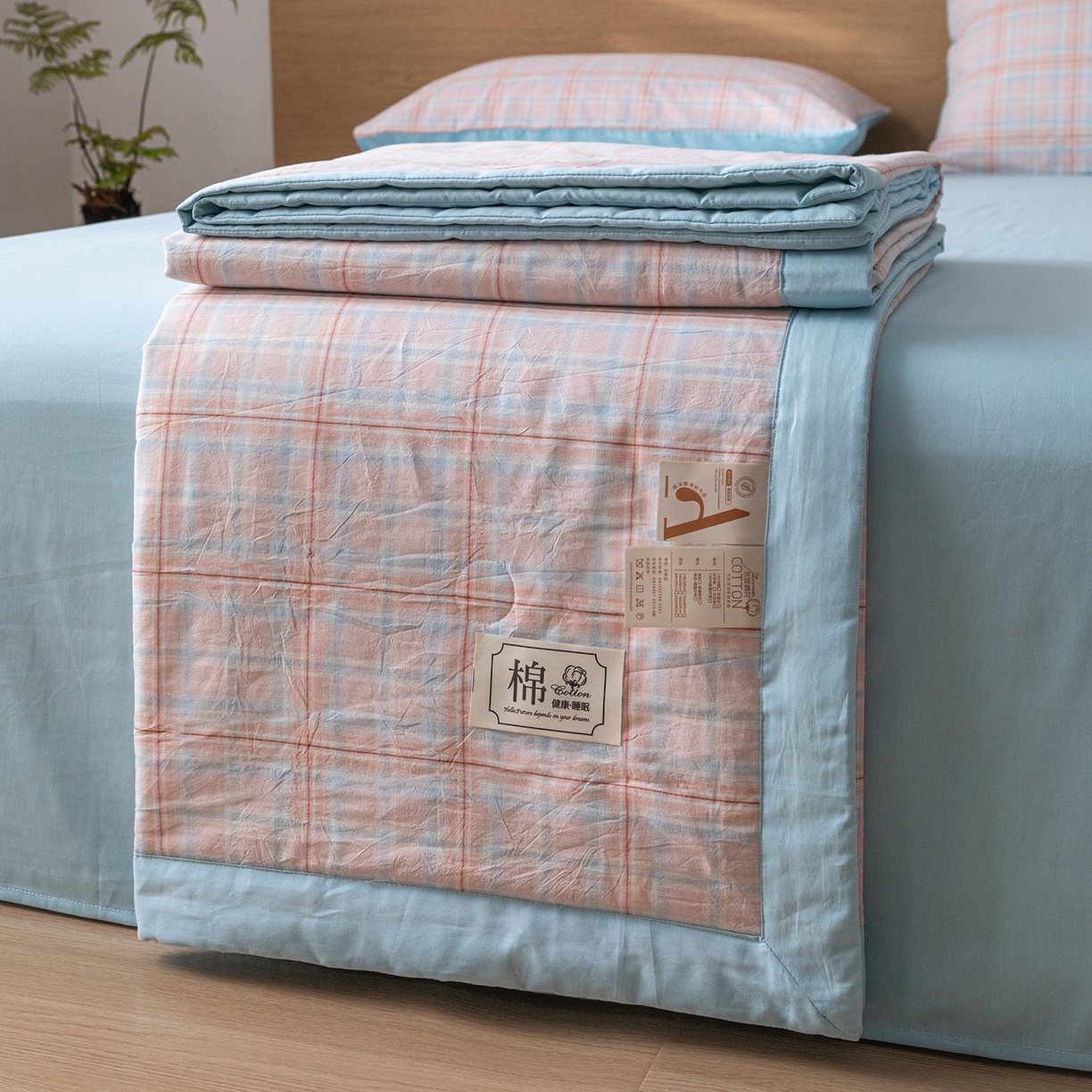 91家纺网 家纺一手货源 找家纺 几禾 2026春夏新款色织水洗棉棉花夏被夏凉被空调被 中格粉