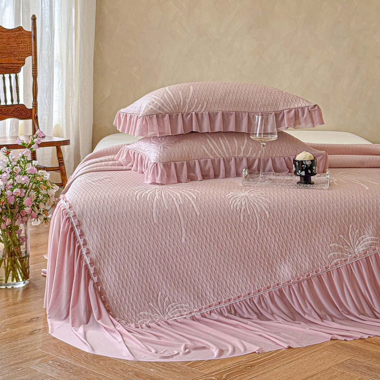 亿品家纺 2026新款550克PE高分子单泡提花凉感复合床裙款凉席 雾澜花火-粉(不复合)