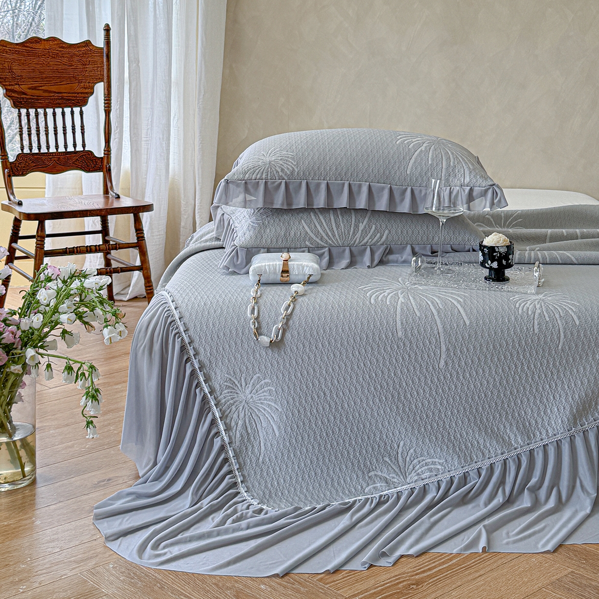 亿品家纺 2026新款550克PE高分子单泡提花凉感复合床裙款凉席 雾澜花火-灰(不复合)