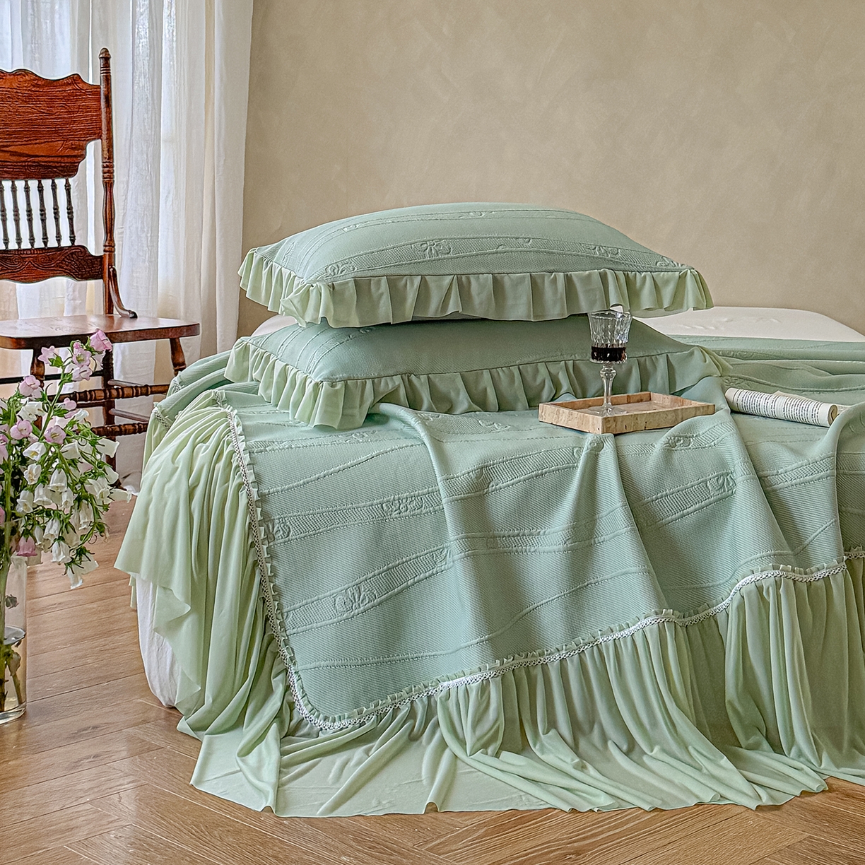 91家纺网 家纺一手货源 找家纺 亿品家纺 2026新款550克PE高分子单泡提花凉感复合床裙款凉席 雾夏花眠-绿(加厚三明治复合)