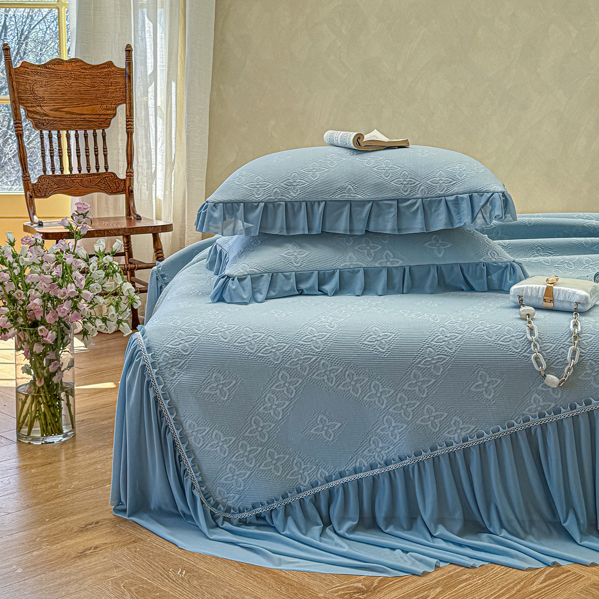 亿品家纺 2026新款550克PE高分子单泡提花凉感复合床裙款凉席 月光织梦-蓝(加厚三明治复合)