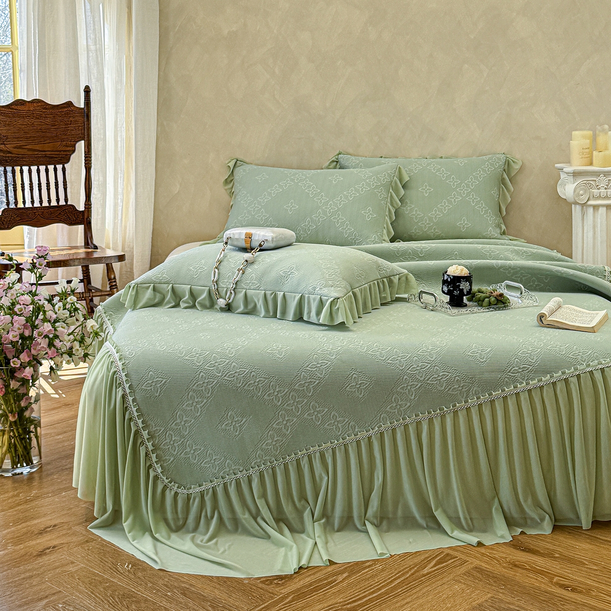 亿品家纺 2026新款550克PE高分子单泡提花凉感复合床裙款凉席 月光织梦-绿(加厚三明治复合)