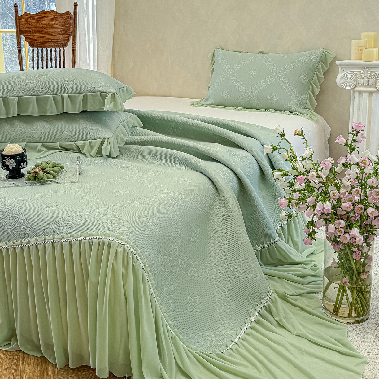 91家纺网 家纺一手货源 找家纺 亿品家纺 2026新款550克PE高分子单泡提花凉感复合床裙款凉席 月光织梦-绿(加厚三明治复合)