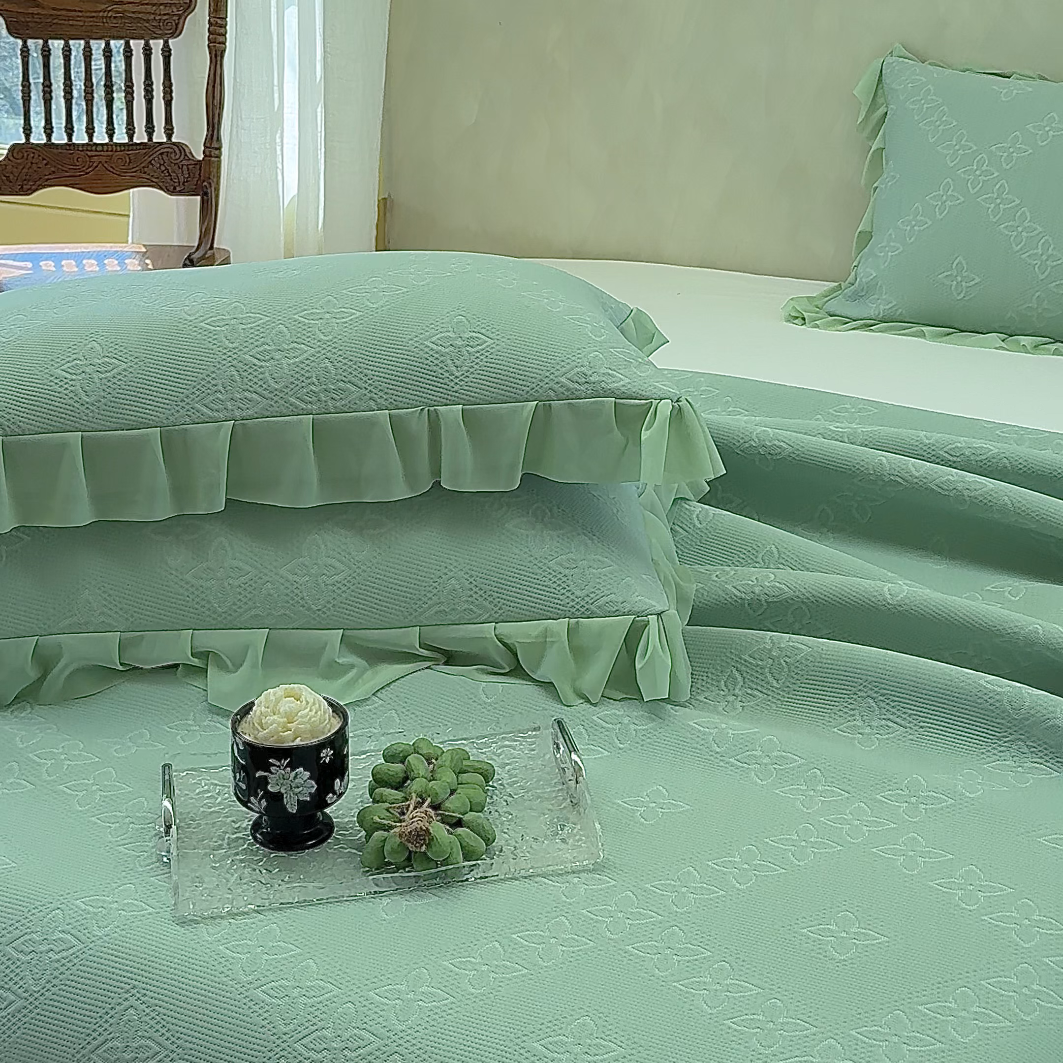 91家纺网 家纺一手货源 找家纺 亿品家纺 2026新款550克PE高分子单泡提花凉感复合床裙款凉席 月光织梦-绿(加厚三明治复合)