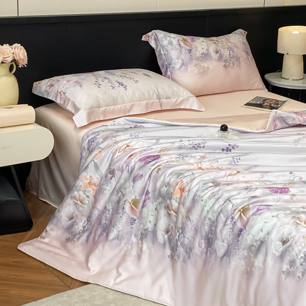 91家纺网 家纺一手货源 找家纺 （总）新方向 2026数码印花A类20%蚕丝天丝棉夏被四件套 65%60s兰精天丝 35%100支长绒棉-那些花儿