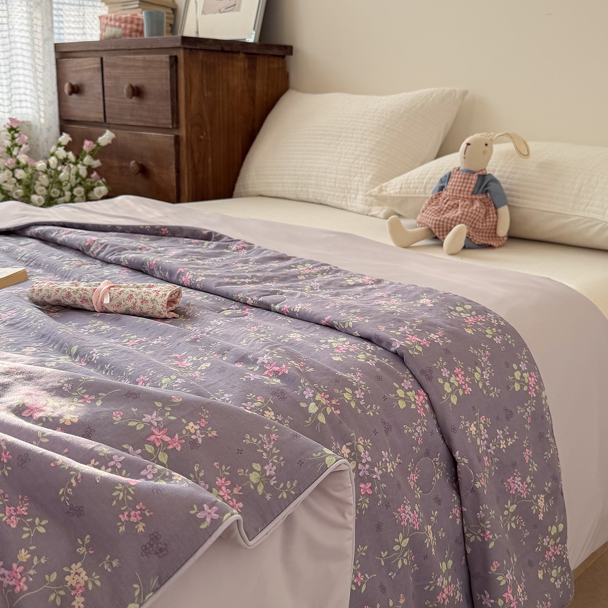 91家纺网 家纺一手货源 找家纺 Sweet dreams甜梦 2026新款A类全棉双层纱锦氨凉感夏被 花梦时