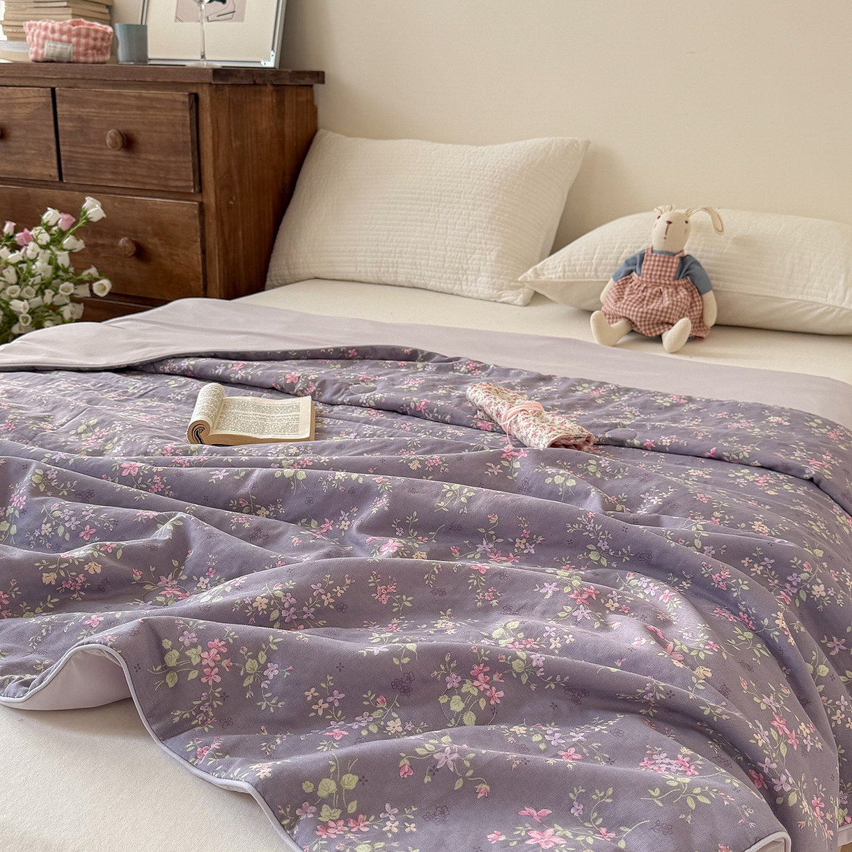 91家纺网 家纺一手货源 找家纺 Sweet dreams甜梦 2026新款A类全棉双层纱锦氨凉感夏被 花梦时