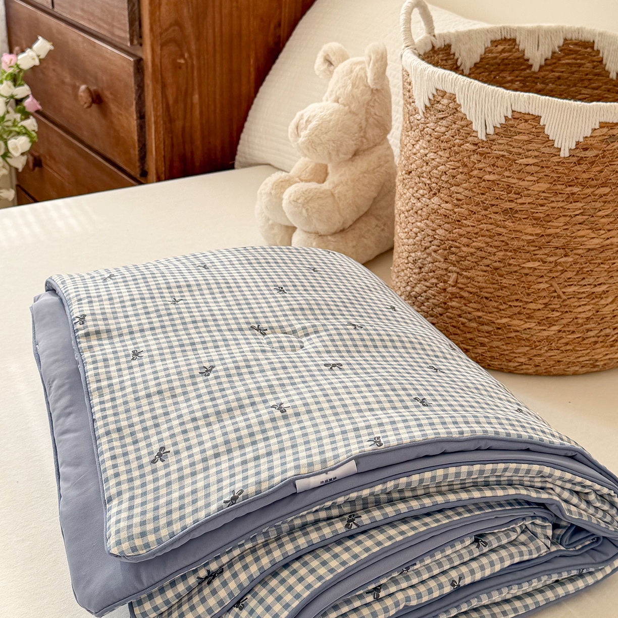 91家纺网 家纺一手货源 找家纺 Sweet dreams甜梦 2026新款A类全棉双层纱锦氨凉感夏被 千颂伊蓝