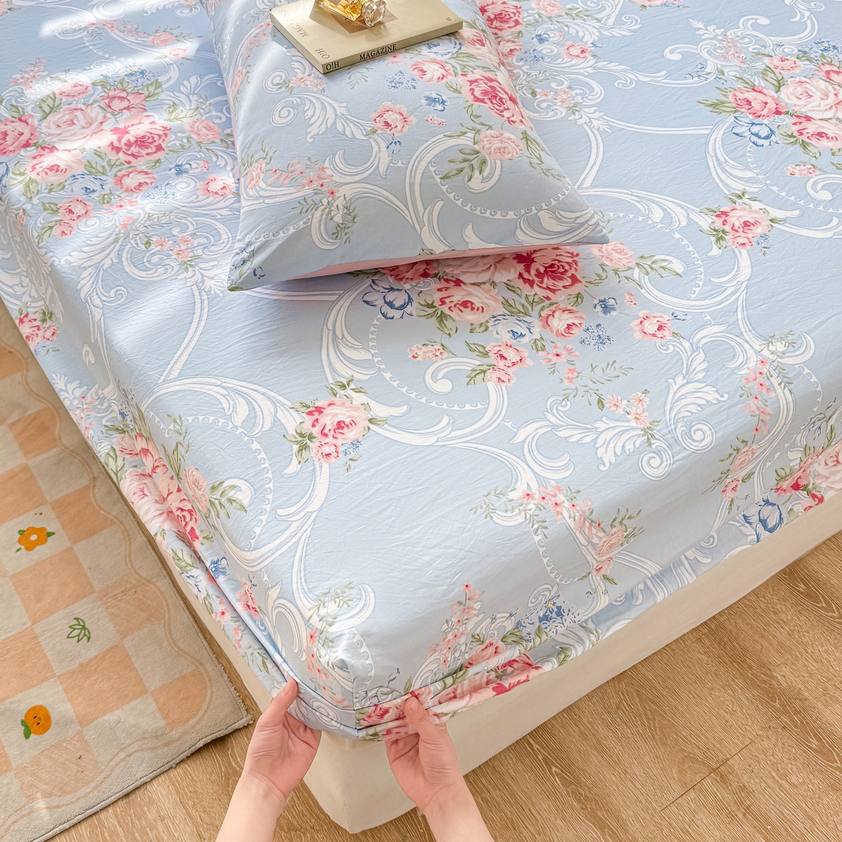 91家纺网 家纺一手货源 找家纺 2026新款A类云感棉仿棉亲肤四季款床笠席梦思床罩全包床单三件套 玫瑰庄园