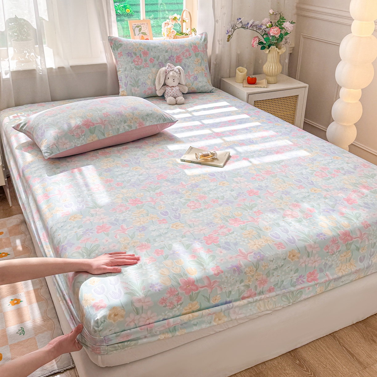 91家纺网 家纺一手货源 找家纺 2026新款A类云感棉仿棉亲肤四季款床笠席梦思床罩全包床单三件套 花漾织梦