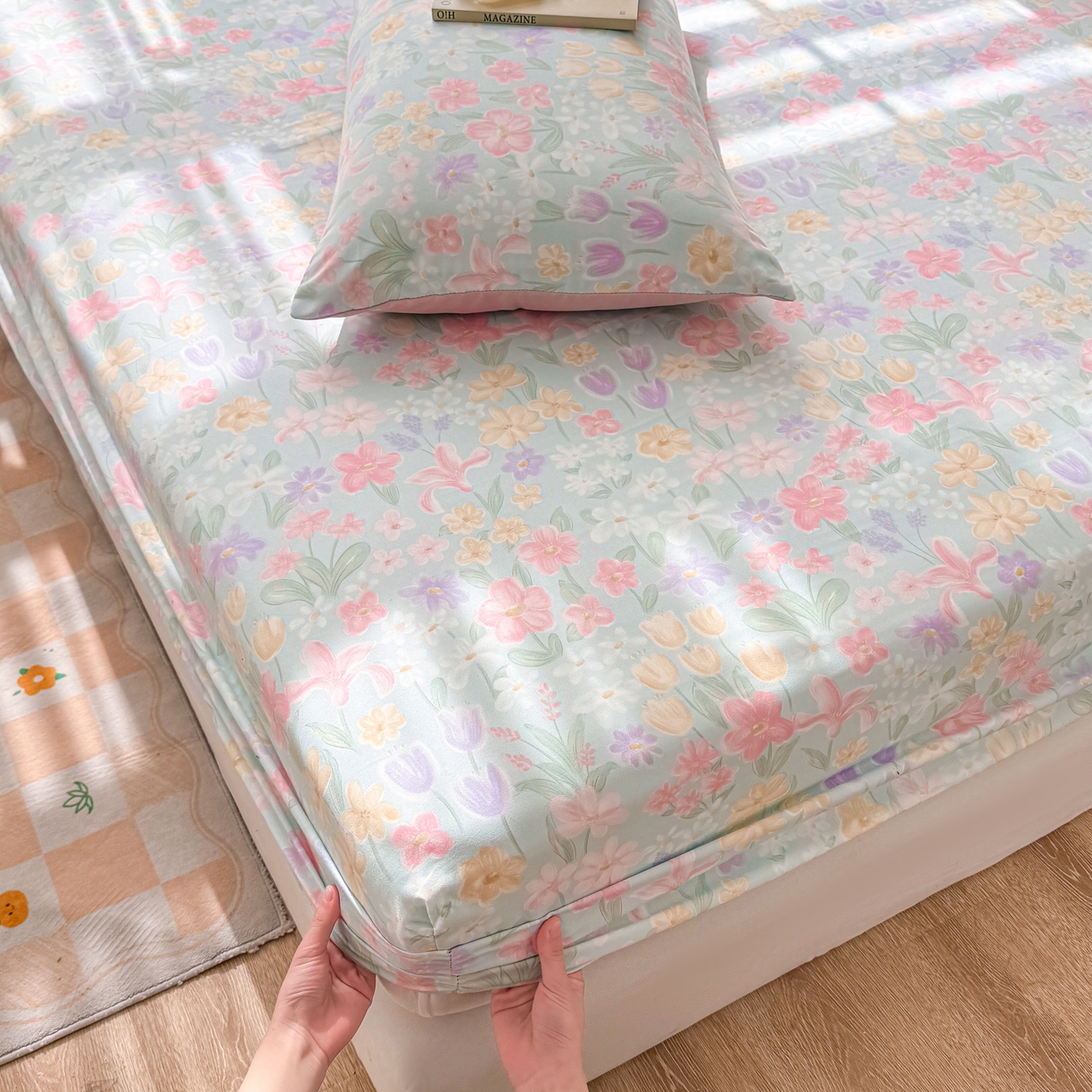 91家纺网 家纺一手货源 找家纺 2026新款A类云感棉仿棉亲肤四季款床笠席梦思床罩全包床单三件套 花漾织梦