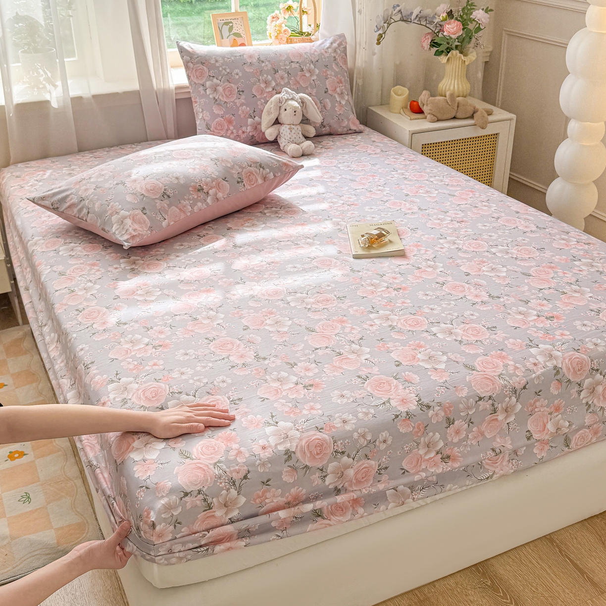 91家纺网 家纺一手货源 找家纺 2026新款A类云感棉仿棉亲肤四季款床笠席梦思床罩全包床单三件套 玫瑰恋曲