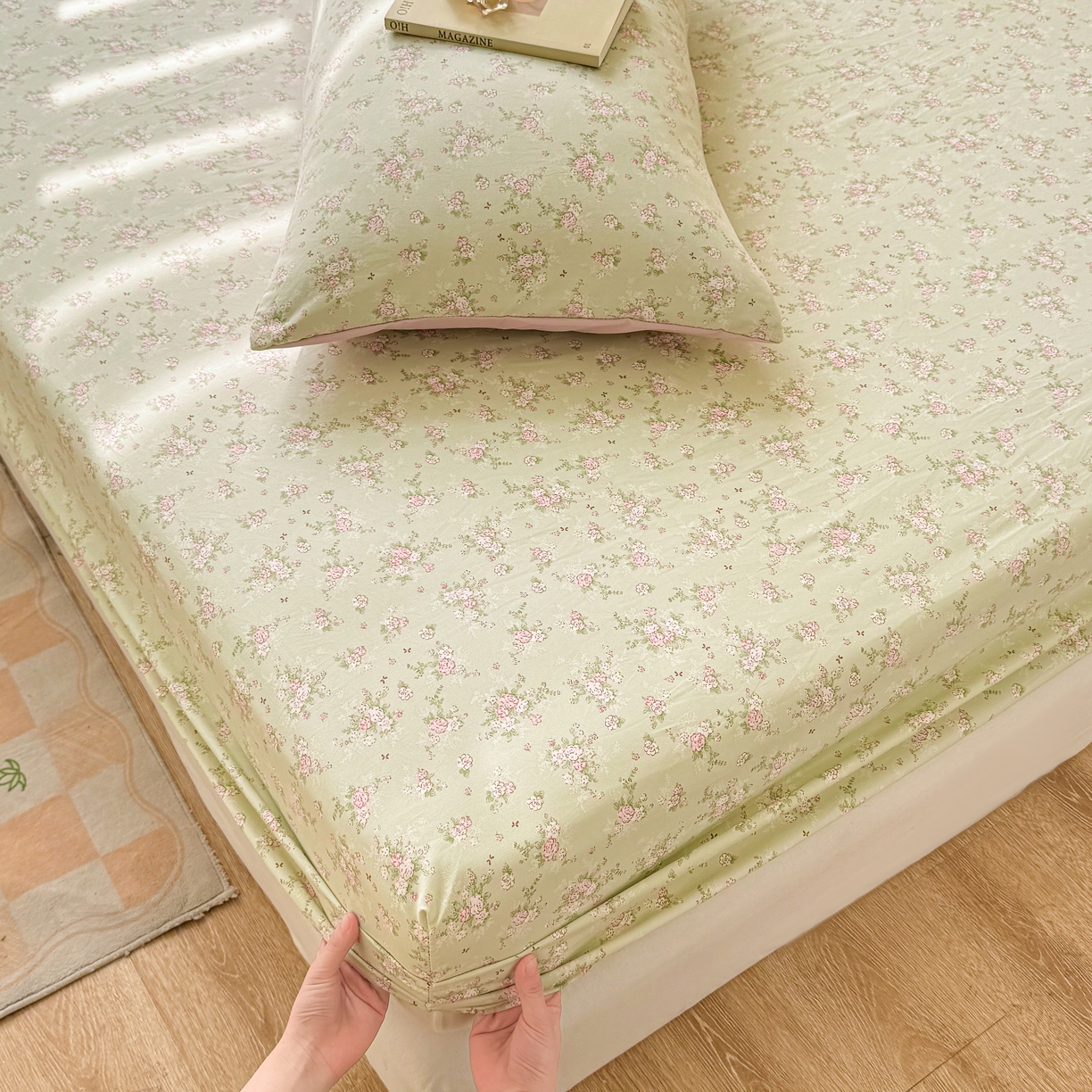 91家纺网 家纺一手货源 找家纺 2026新款A类云感棉仿棉亲肤四季款床笠席梦思床罩全包床单三件套 茉莉清风