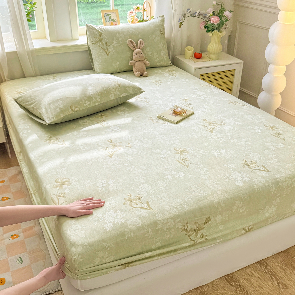 91家纺网 家纺一手货源 找家纺 2026新款A类云感棉仿棉亲肤四季款床笠席梦思床罩全包床单三件套 墨兰香