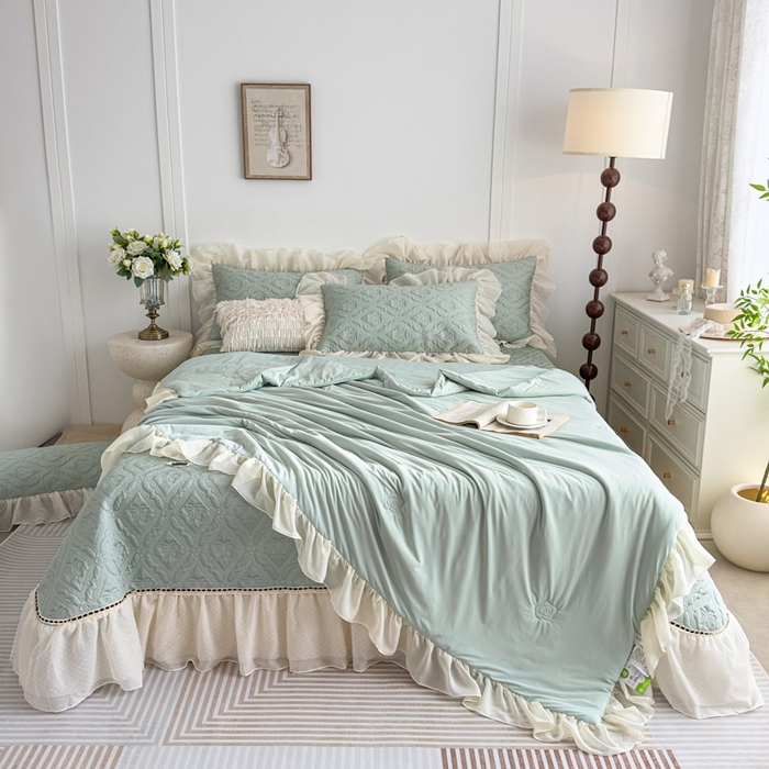 91家纺网 家纺一手货源 找家纺 菊上家纺 2026新款轻奢法式银丝豆豆席席子凉席-蝶恋花语 蝶恋花语-绿