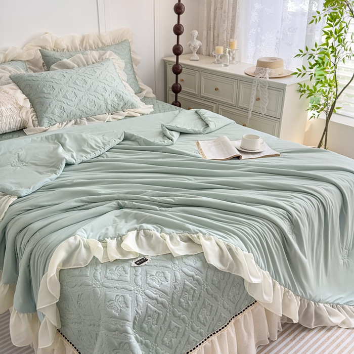 91家纺网 家纺一手货源 找家纺 菊上家纺 2026新款轻奢法式银丝豆豆席席子凉席-蝶恋花语 蝶恋花语-绿