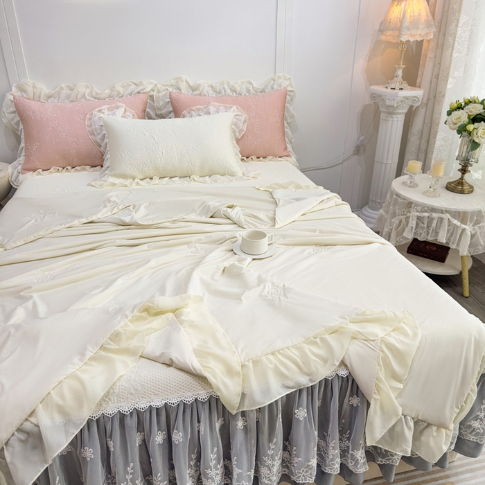 91家纺网 家纺一手货源 找家纺 （总）菊上家纺 2026新款PE凉感床裙款凉席夏被夏凉被空调被四件套-清雅之梦