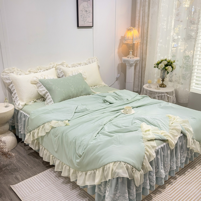 91家纺网 家纺一手货源 找家纺 （总）菊上家纺 2026新款PE凉感床裙款凉席夏被夏凉被空调被四件套-清雅之梦